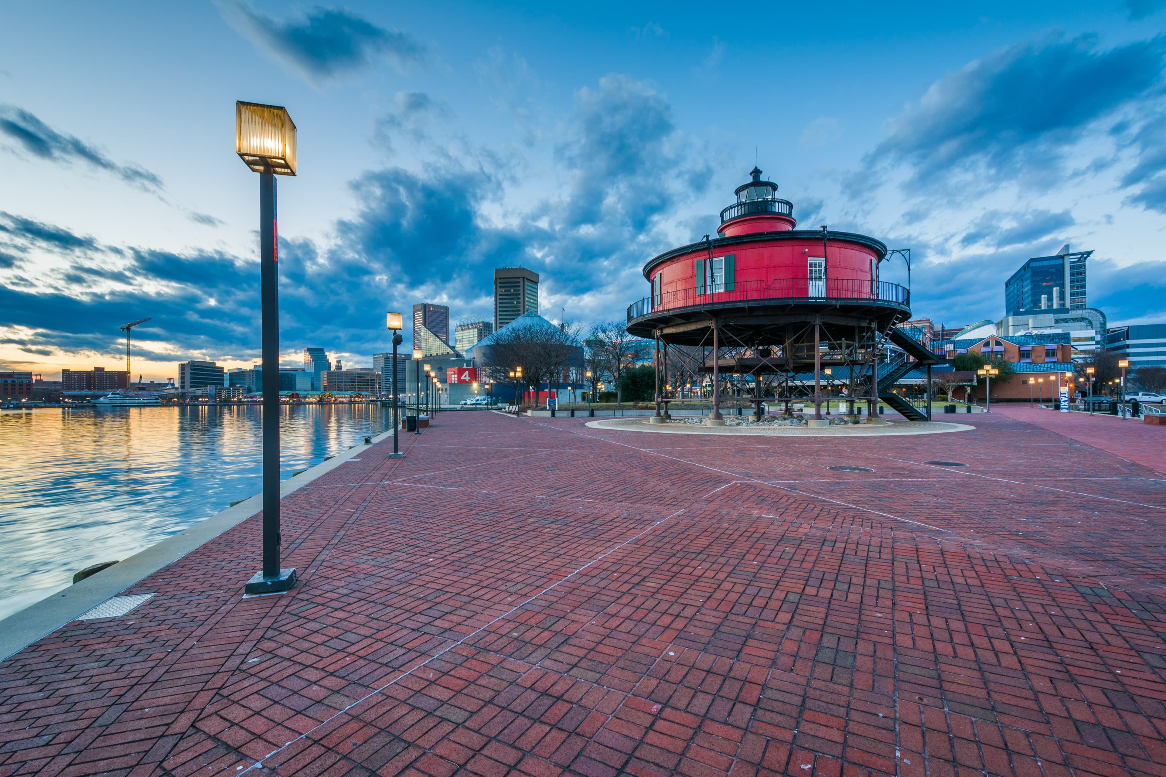 Seven Foot Knoll Lighthouse on the Inner Harbor promenade at dusk